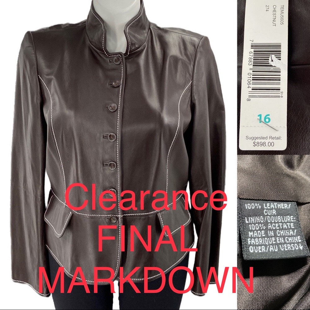 Ellen Tracy leather jacket chestnut brown size 16 retail $898 tags